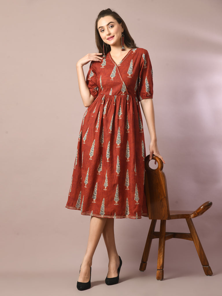 Women's  Rust Printed Cotton V-Neck Empire Party Dress