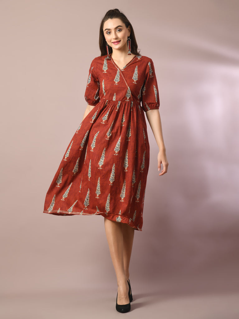 Women's  Rust Printed Cotton V-Neck Empire Party Dress