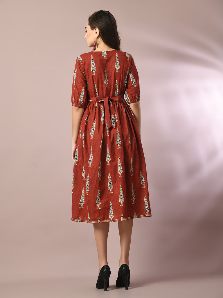 Women's  Rust Printed Cotton V-Neck Empire Party Dress