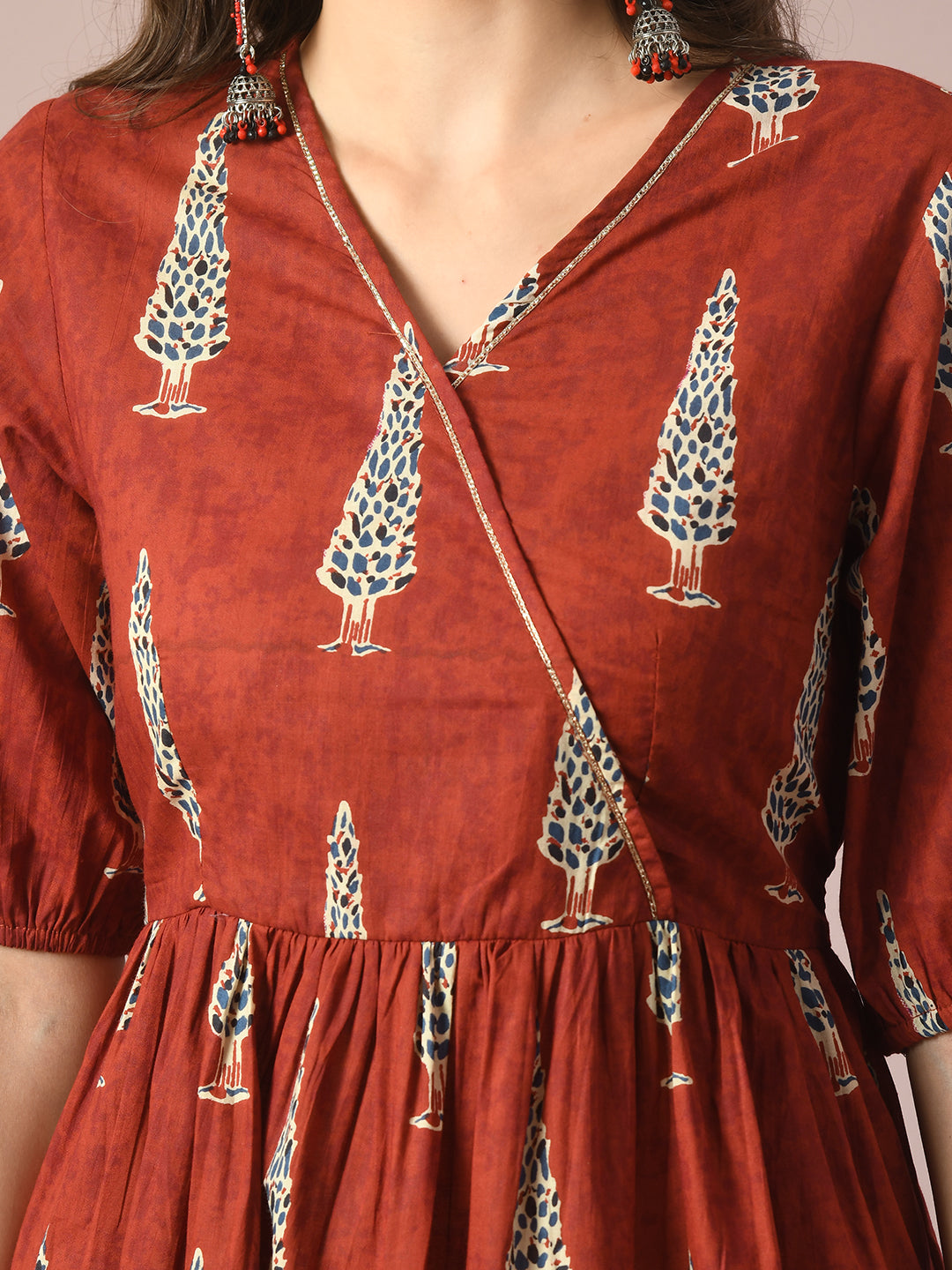 Women's  Rust Printed Cotton V-Neck Empire Party Dress  - Myshka
