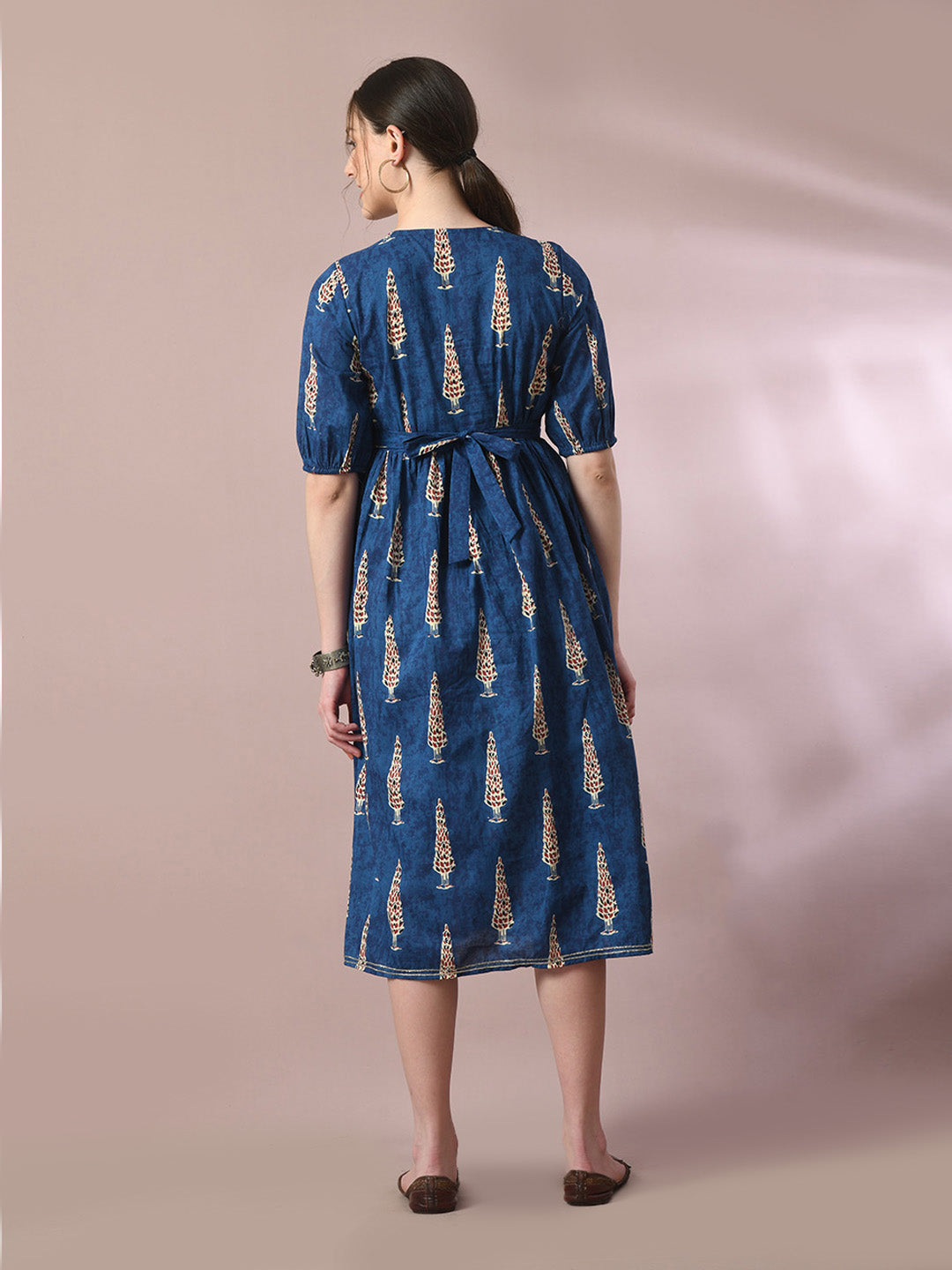 Women's  Blue Printed Cotton V-Neck Empire Party Dress  - Myshka