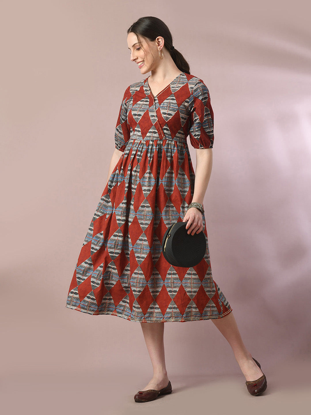 Women's  Multi Printed Cotton V-Neck Empire Party Dress  - Myshka