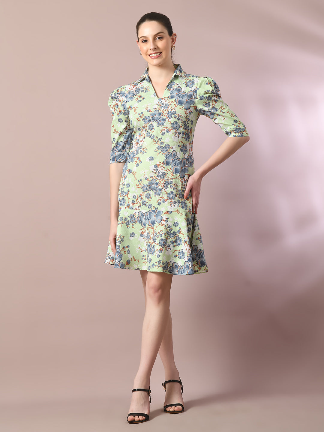 Women's  Green Printed Shirt Collar Fit And Flare Party Dress  - Myshka