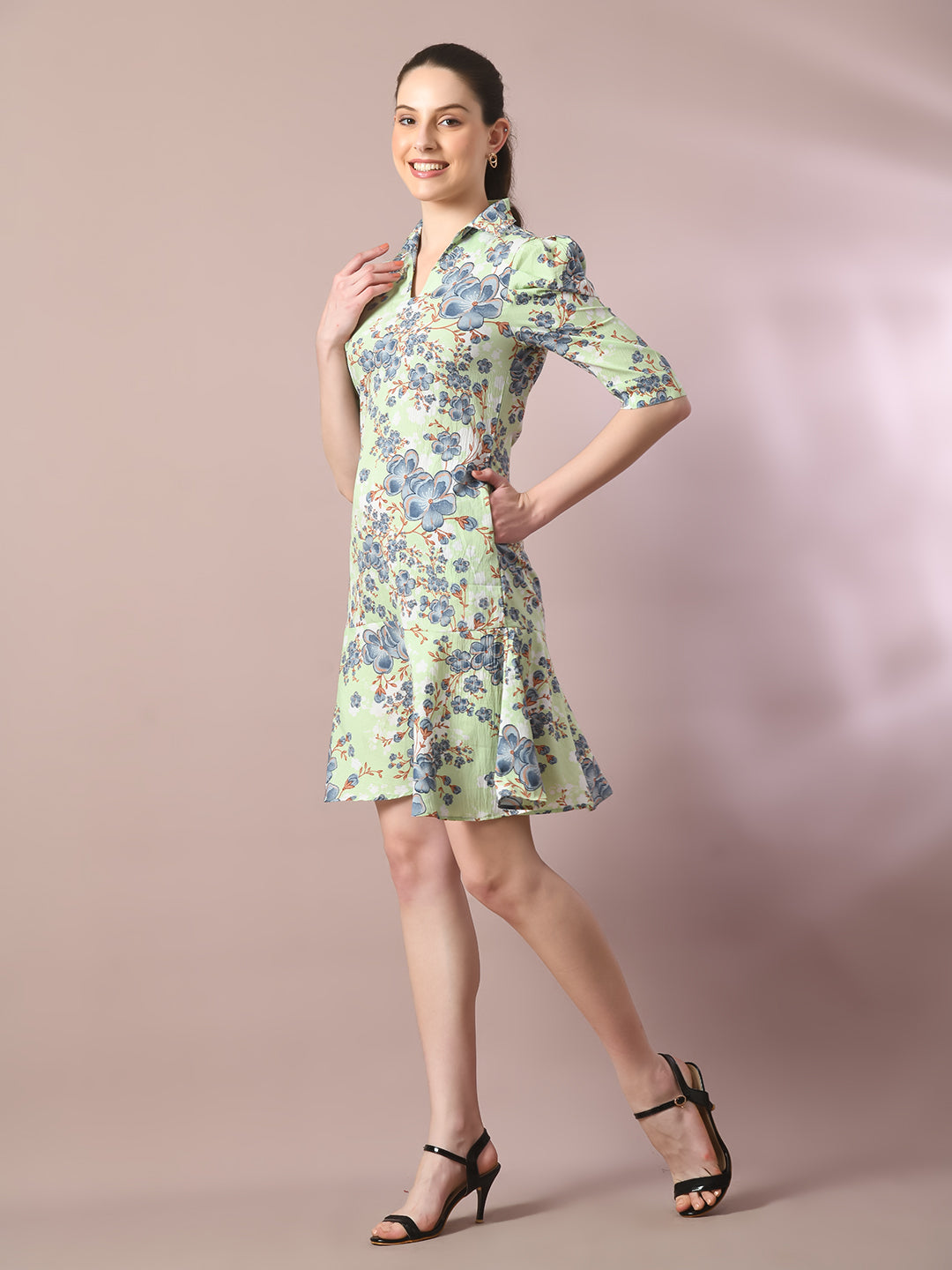Women's  Green Printed Shirt Collar Fit And Flare Party Dress  - Myshka