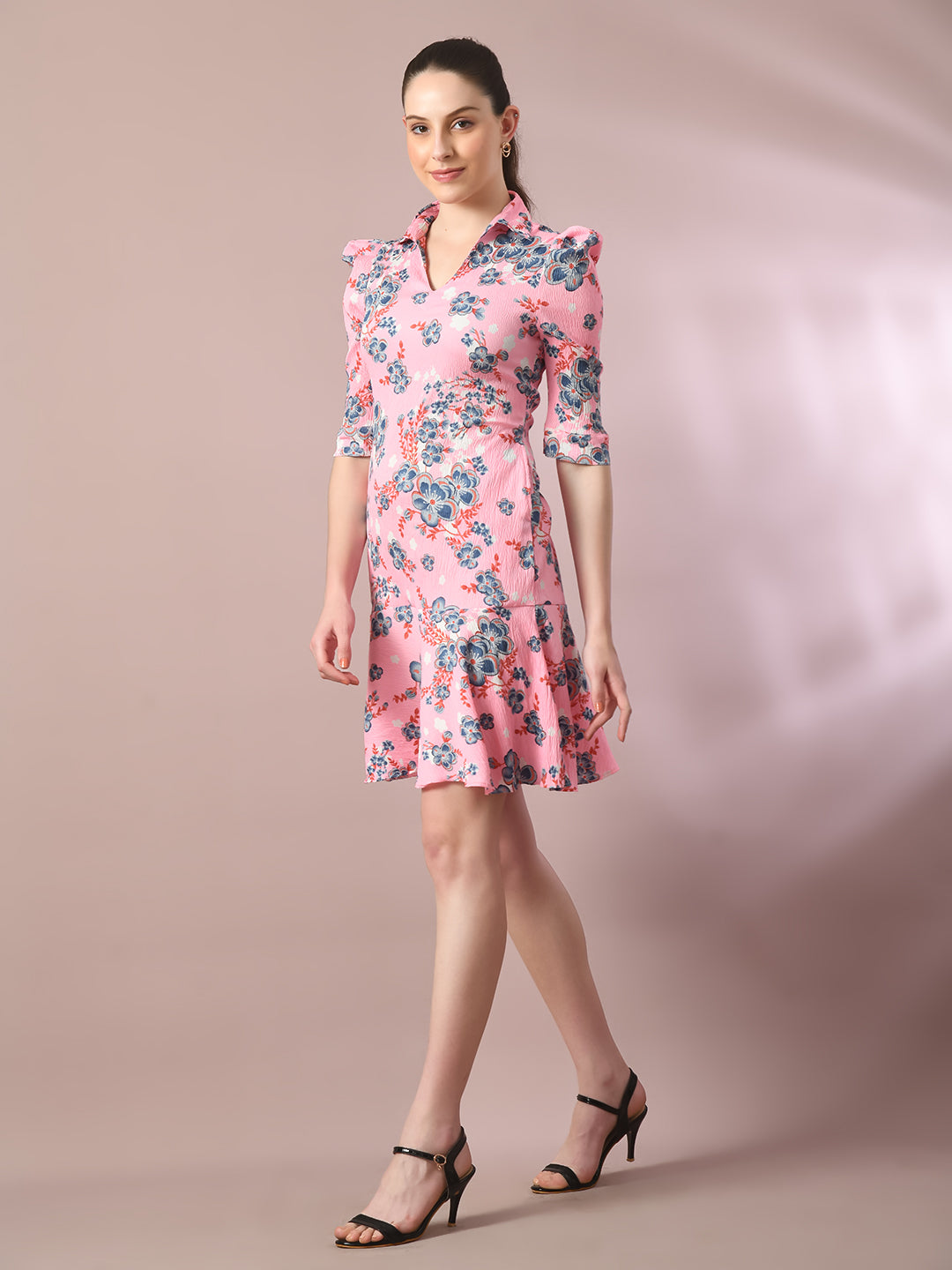 Women's  Pink Printed Shirt Collar Fit And Flare Party Dress  - Myshka