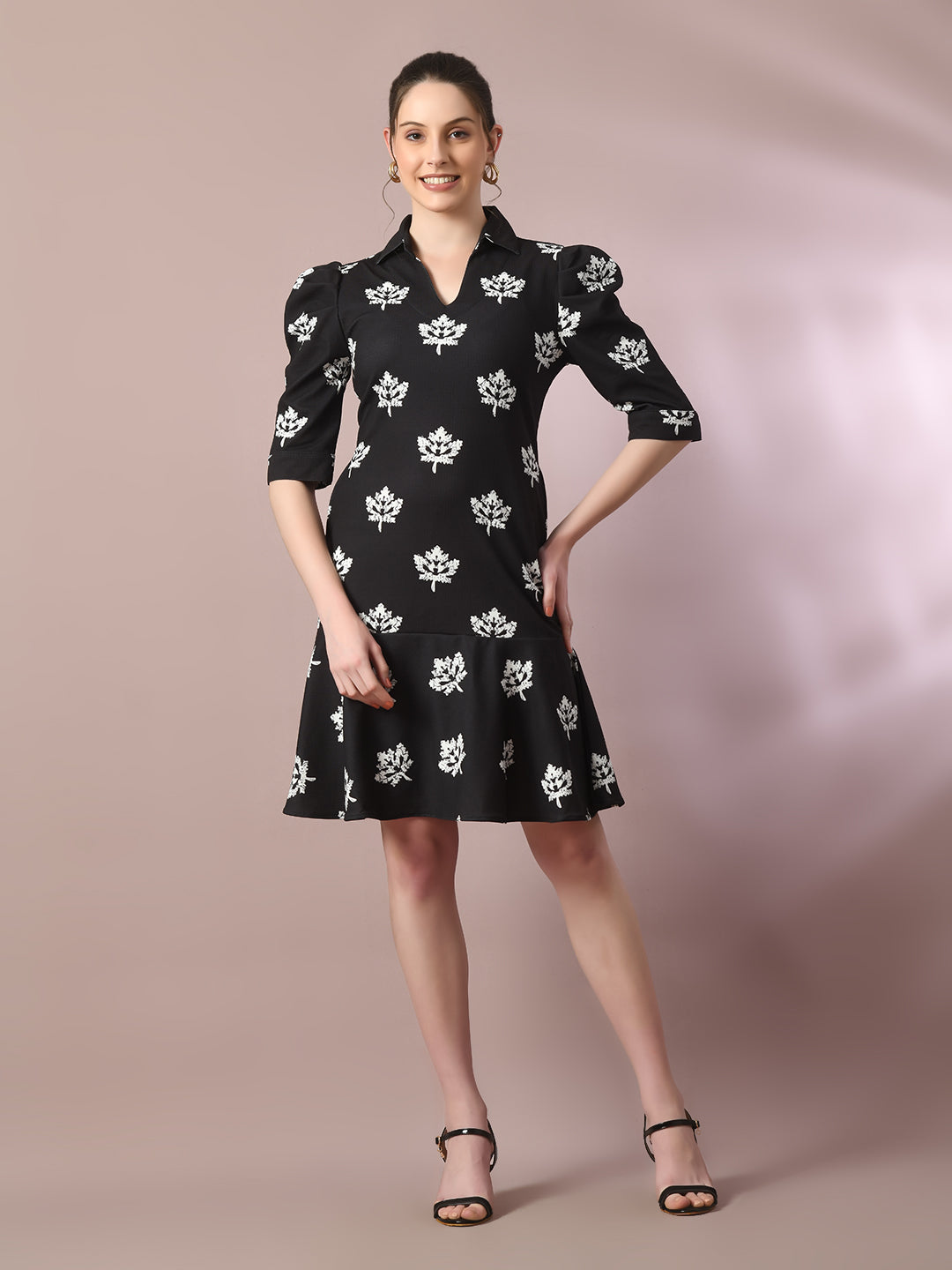 Women's  Black Printed Shirt Collar Fit And Flare Party Dress  - Myshka
