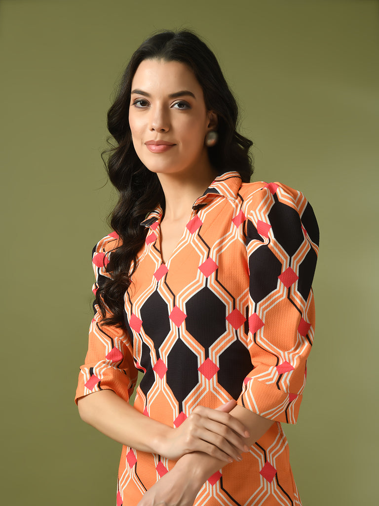 Women's  Multi Printed Shirt Collar Fit And Flare Party Dress