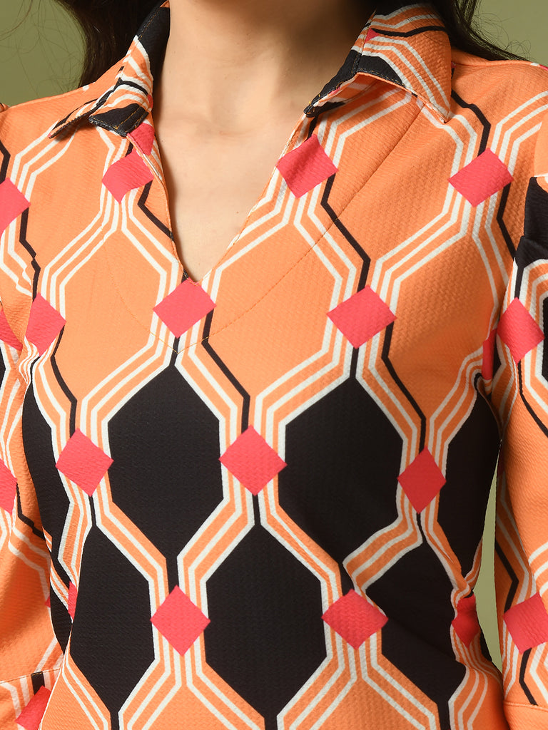 Women's  Multi Printed Shirt Collar Fit And Flare Party Dress