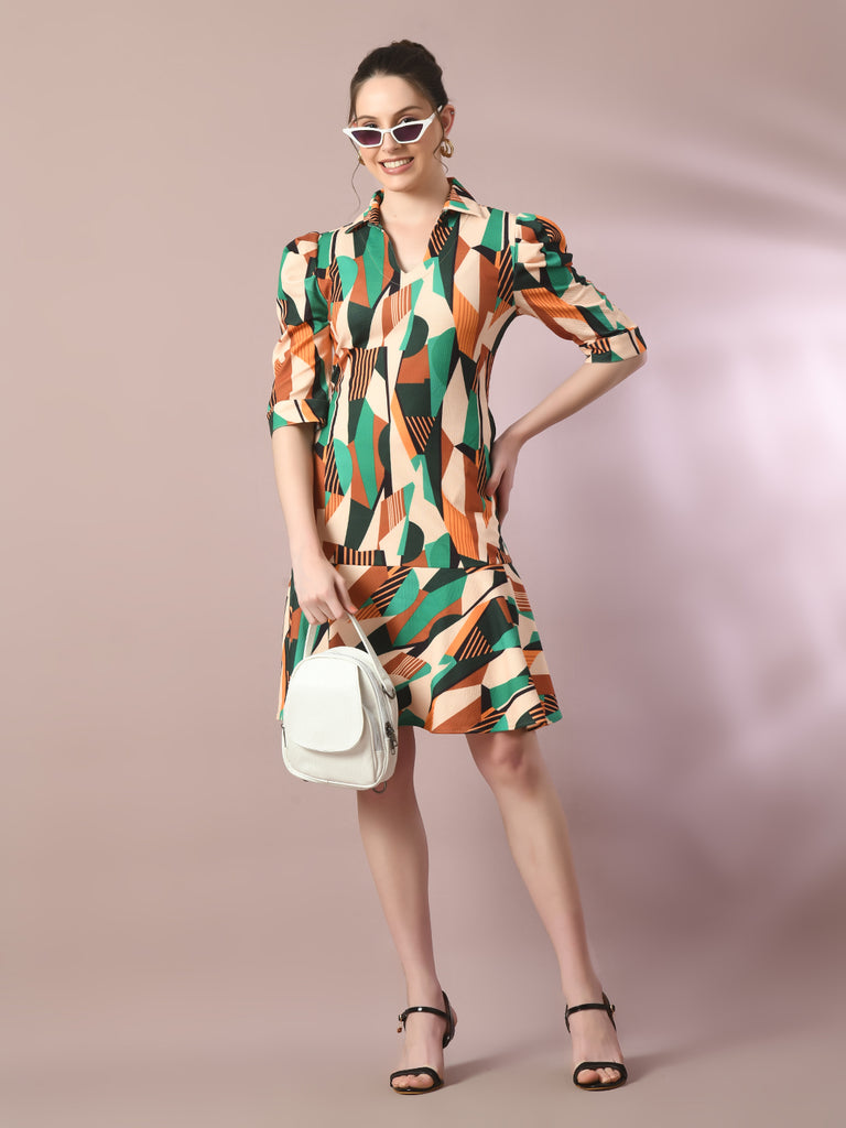 Women's  Multi Printed Shirt Collar Fit And Flare Party Dress