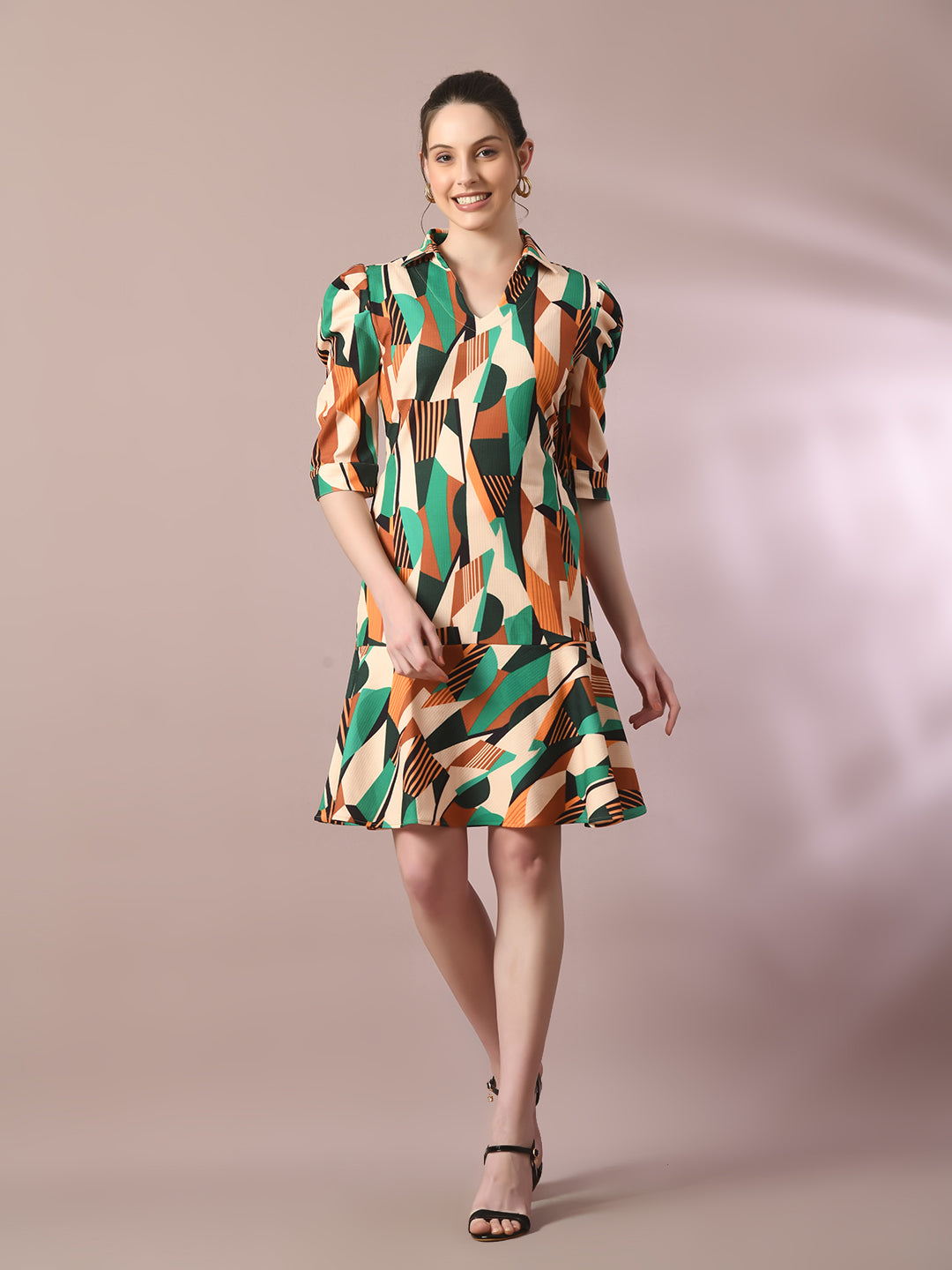 Women's  Multi Printed Shirt Collar Fit And Flare Party Dress  - Myshka