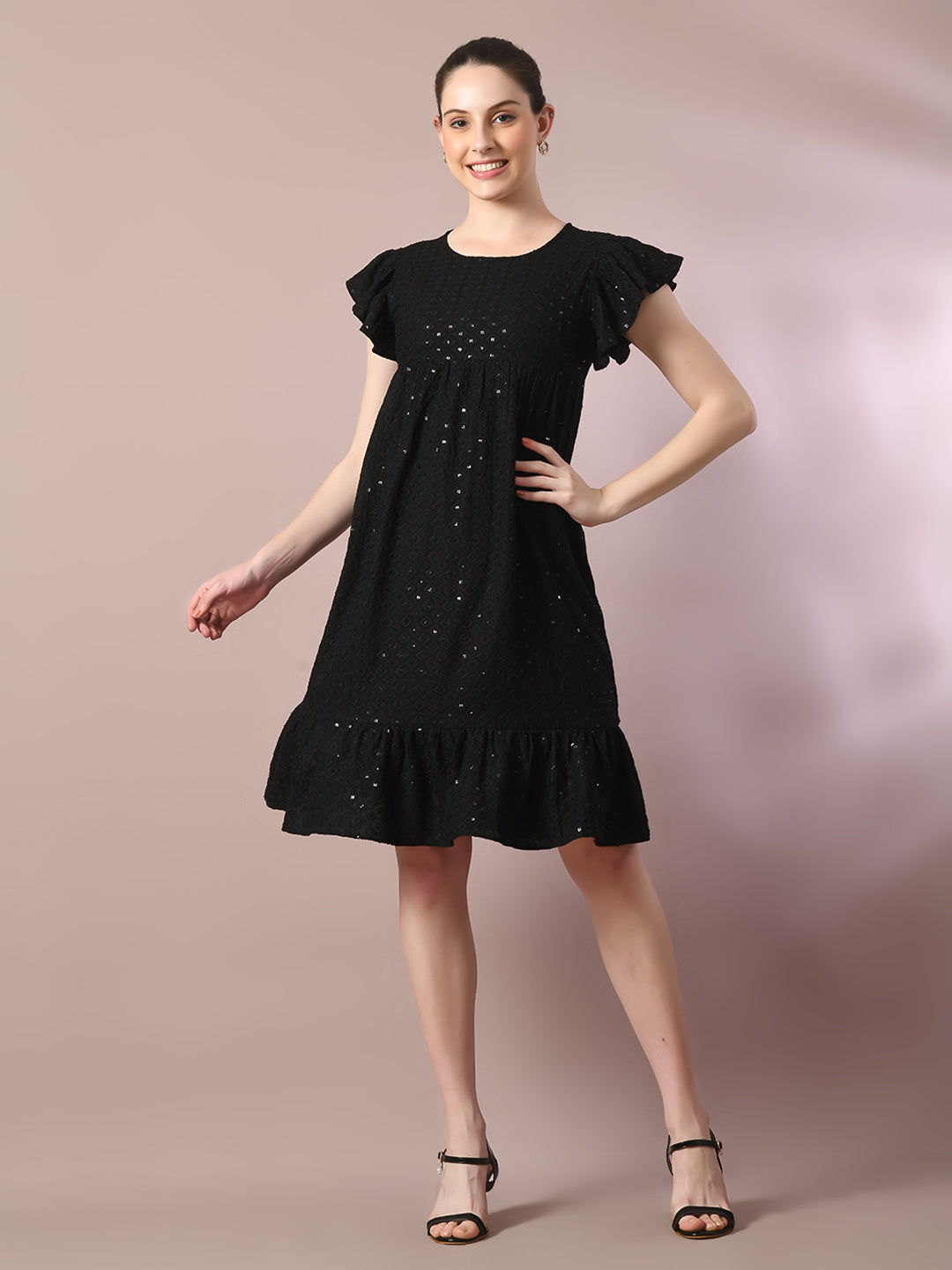 Women's  Black Embroidered Cotton Round Neck A-Line Party Dress  - Myshka