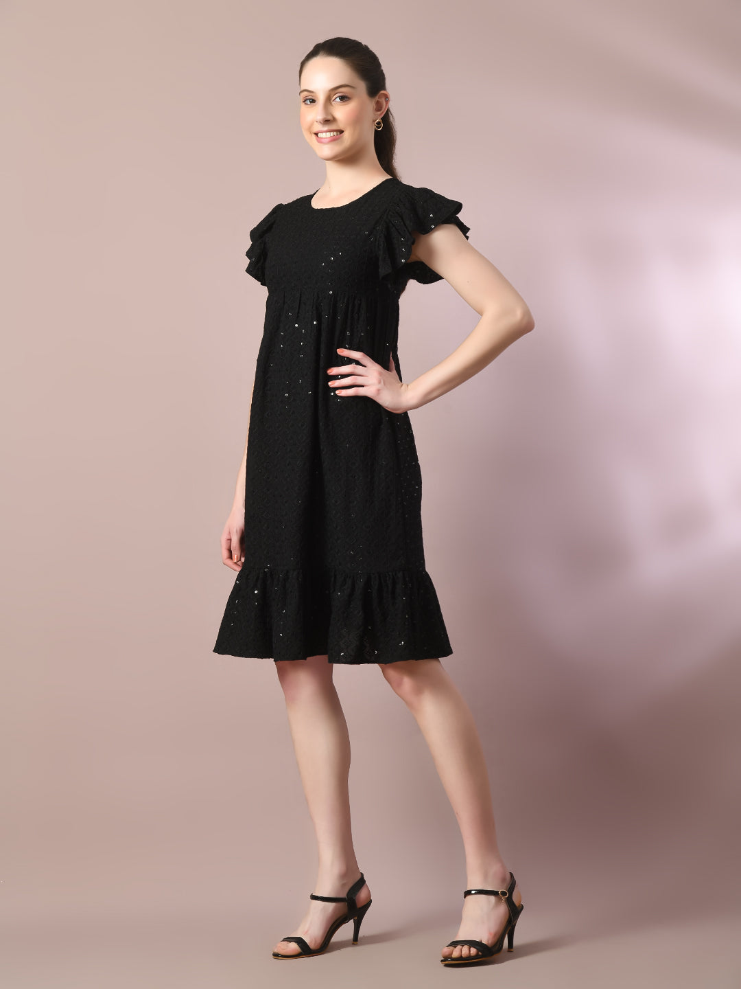 Women's  Black Embroidered Cotton Round Neck A-Line Party Dress  - Myshka