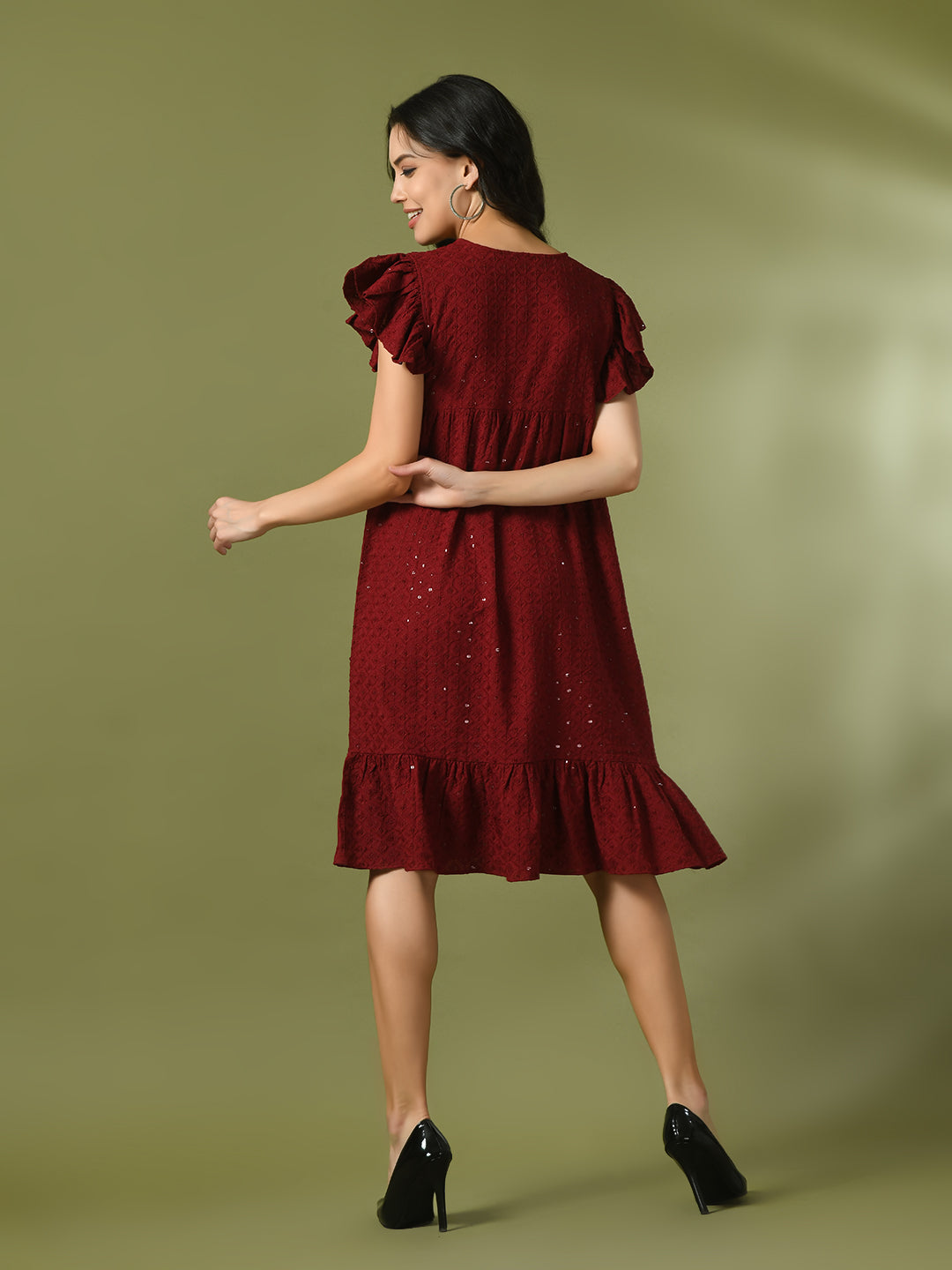 Women's  Maroon Embroidered Cotton Round Neck A-Line Party Dress  - Myshka