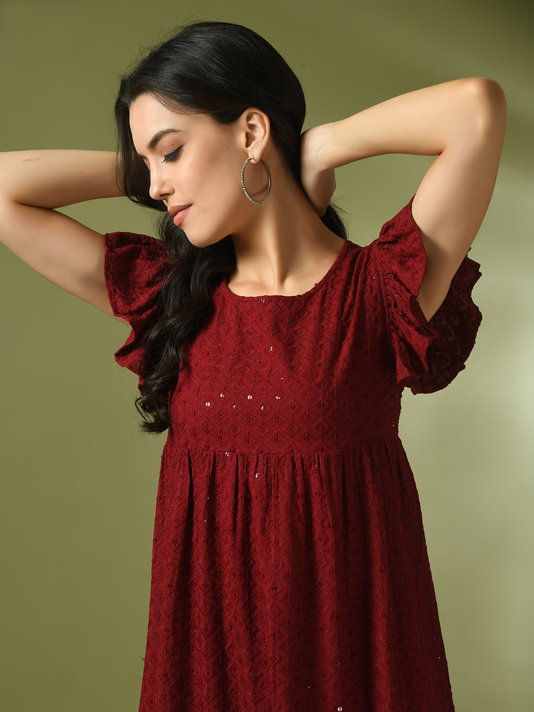 Women's  Maroon Embroidered Cotton Round Neck A-Line Party Dress  - Myshka
