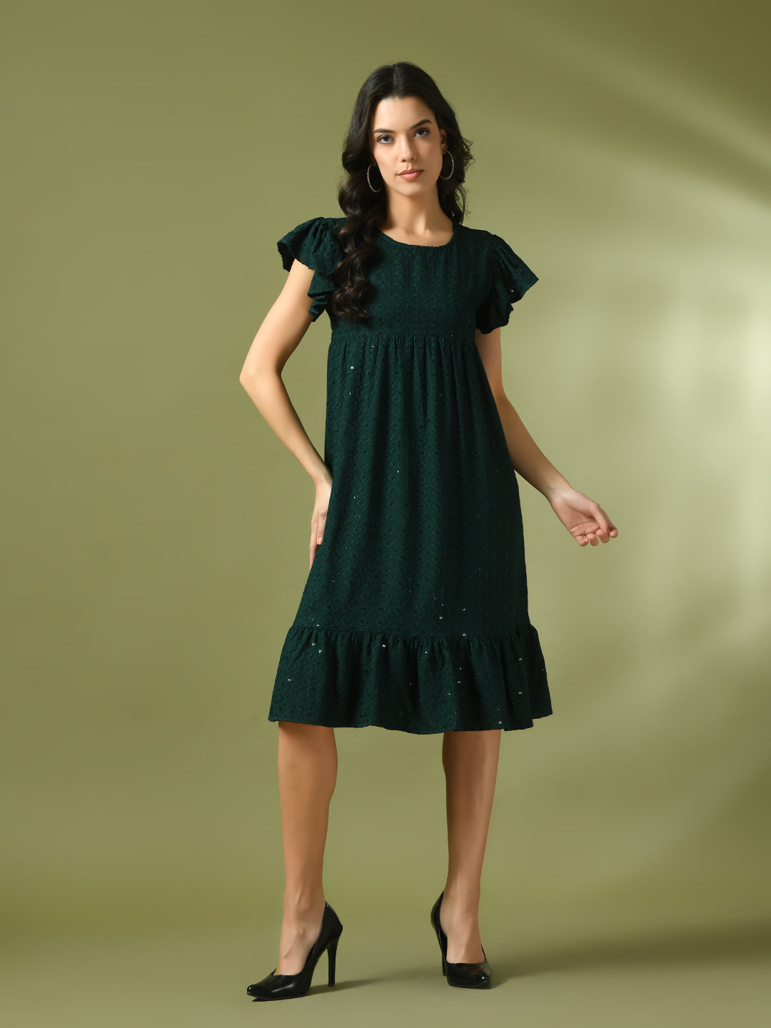 Women's  Green Embroidered Cotton Round Neck A-Line Party Dress  - Myshka