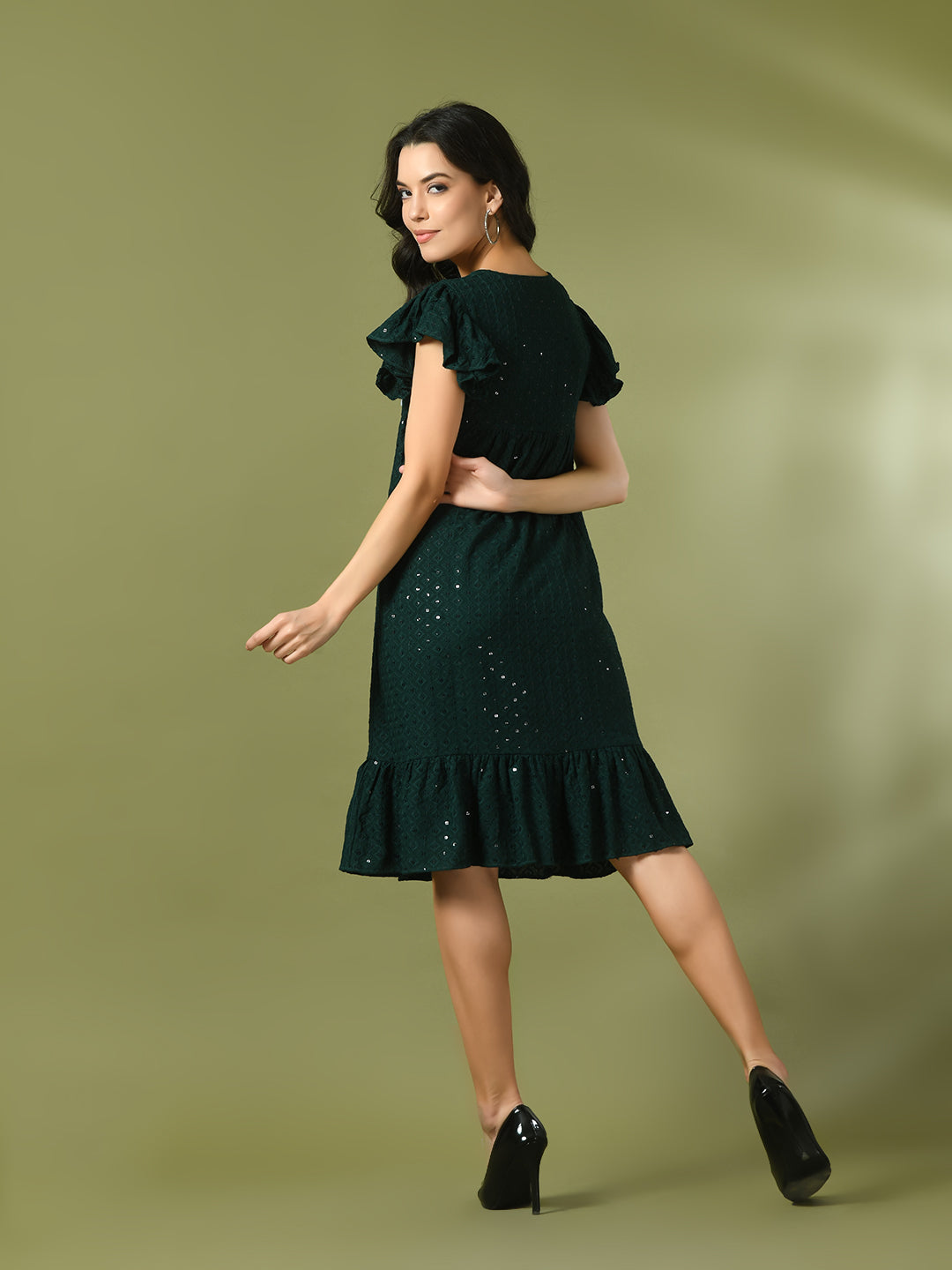 Women's  Green Embroidered Cotton Round Neck A-Line Party Dress  - Myshka