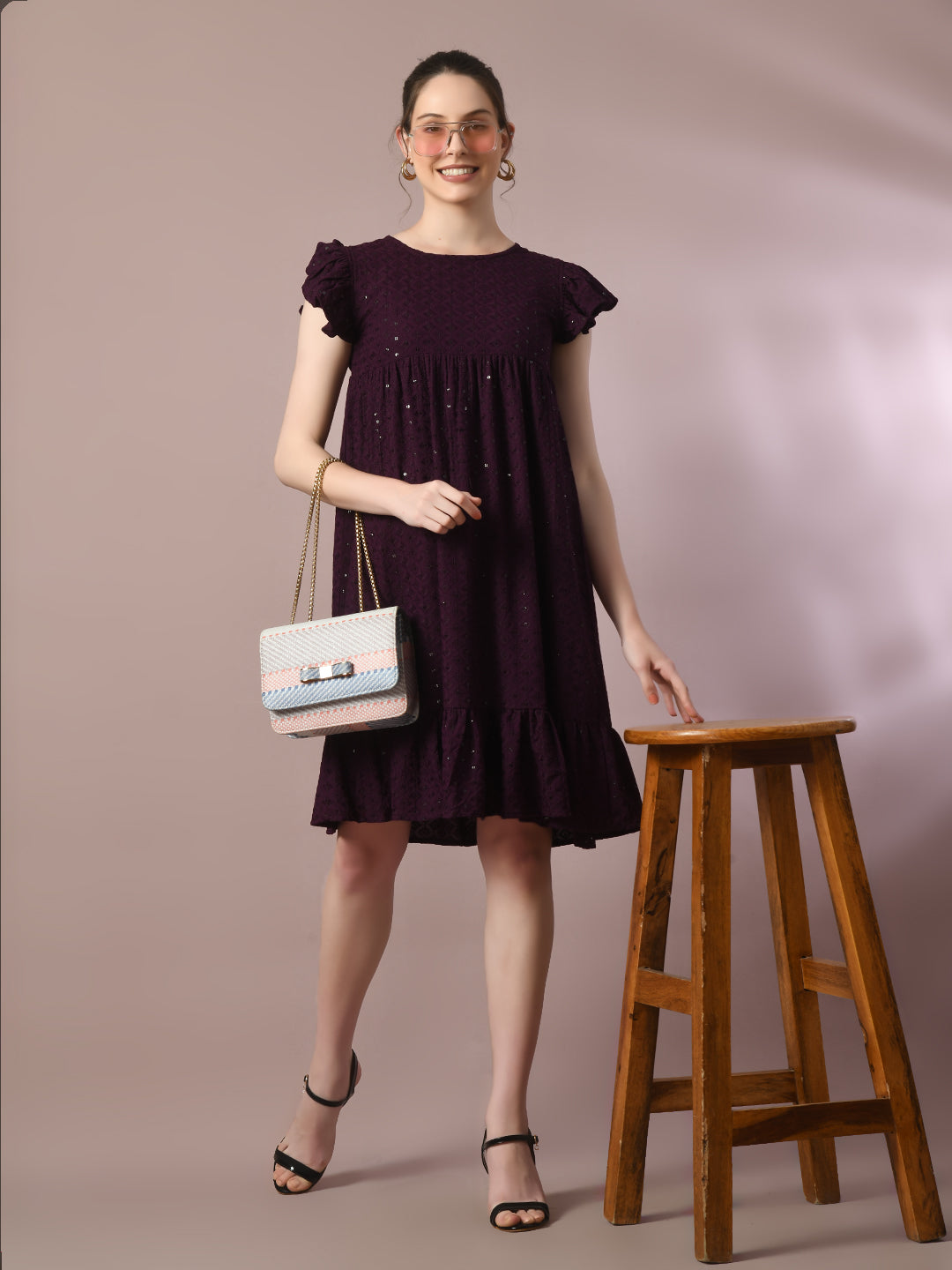 Women's  Violet Embroidered Cotton Round Neck A-Line Party Dress  - Myshka