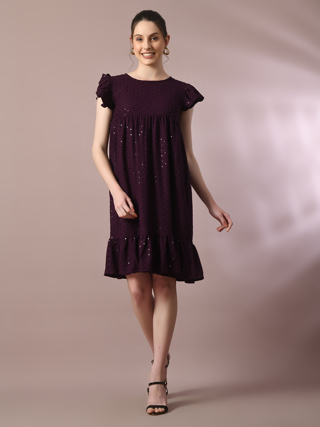 Women's  Violet Embroidered Cotton Round Neck A-Line Party Dress  - Myshka