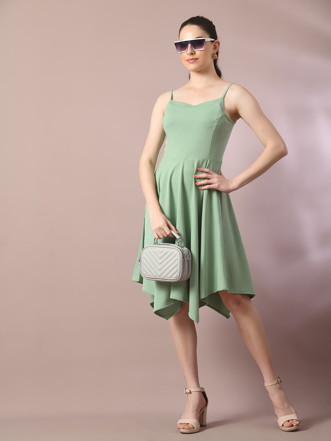 Women's  Sea Green Solid Shoulder Straps Fit And Flare Party Dress  - Myshka