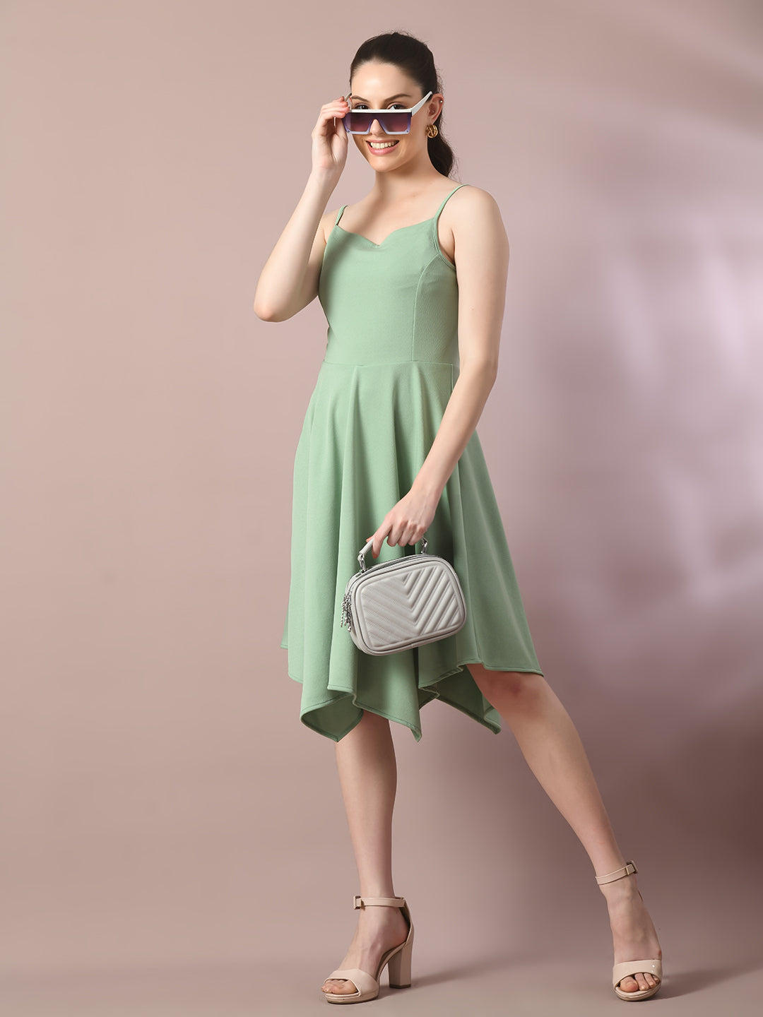 Women's  Sea Green Solid Shoulder Straps Fit And Flare Party Dress  - Myshka