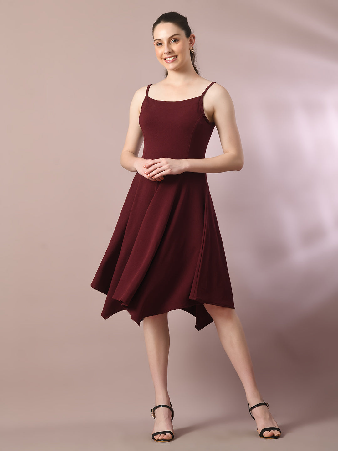Women's  Maroon Solid Shoulder Straps Fit And Flare Party Dress  - Myshka