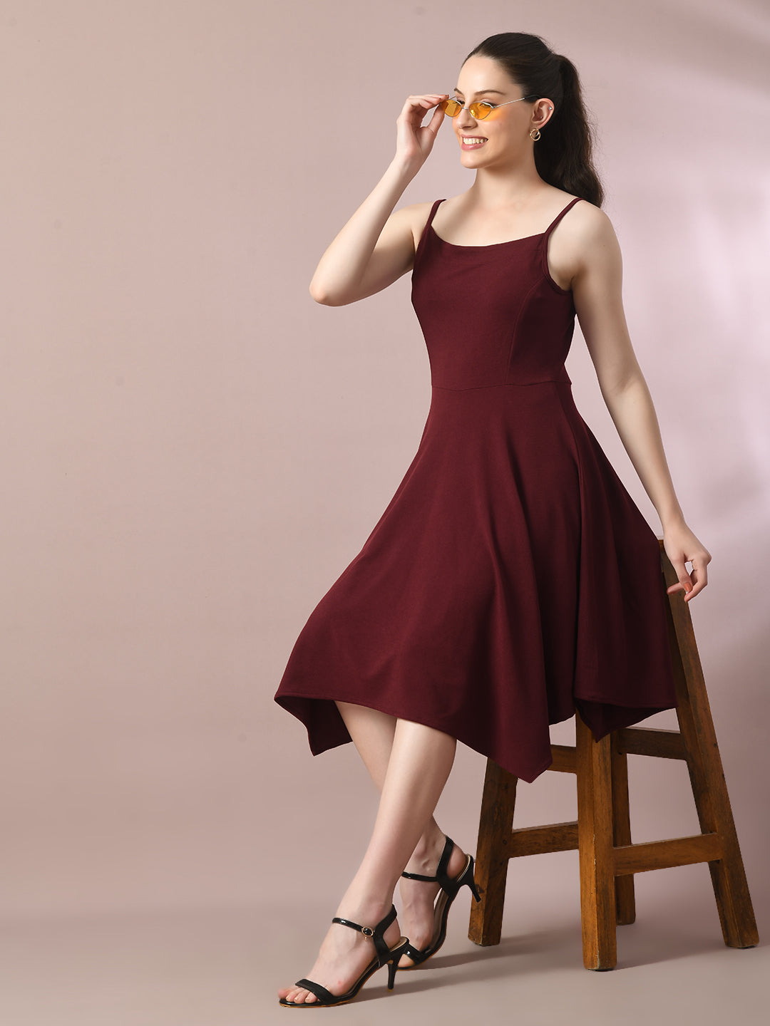 Women's  Maroon Solid Shoulder Straps Fit And Flare Party Dress  - Myshka