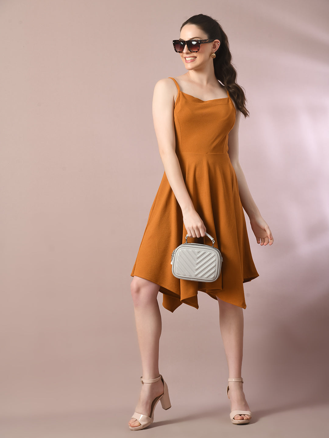 Women's  Mustard Solid Shoulder Straps Fit And Flare Party Dress  - Myshka