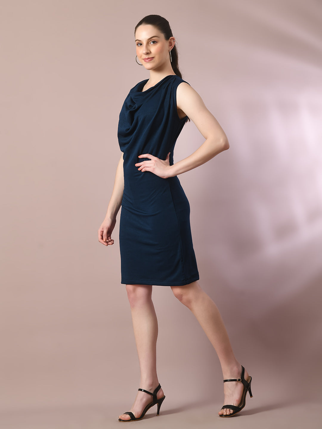 Women's  Navy Blue Solid Cowl Neck Bodycon Party Dress  - Myshka