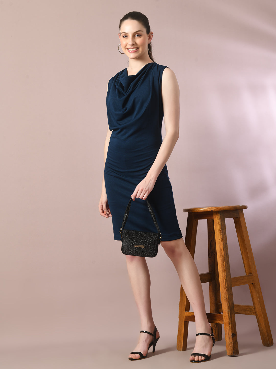 Women's  Navy Blue Solid Cowl Neck Bodycon Party Dress  - Myshka