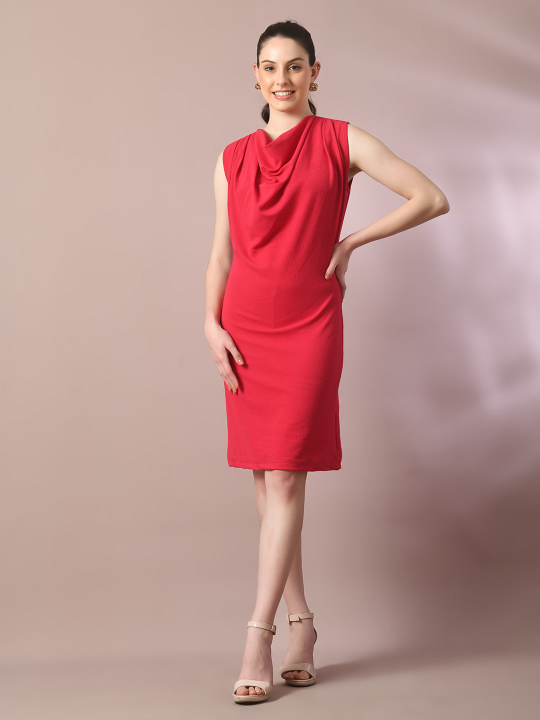 Women's  Pink Solid Cowl Neck Bodycon Party Dress  - Myshka