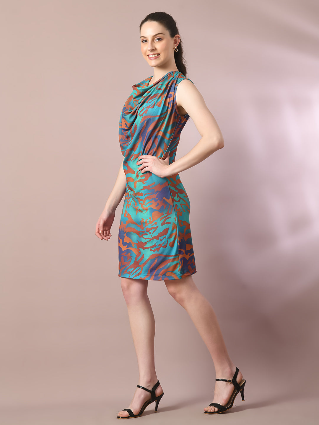 Women's  Multi Printed Cowl Neck Bodycon Party Dress  - Myshka
