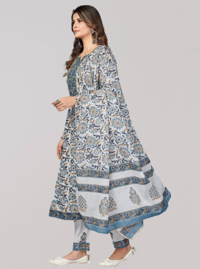Women's Blue Anarkali Cotton Kurta With Pant & Dupatta By Vbuyz (3