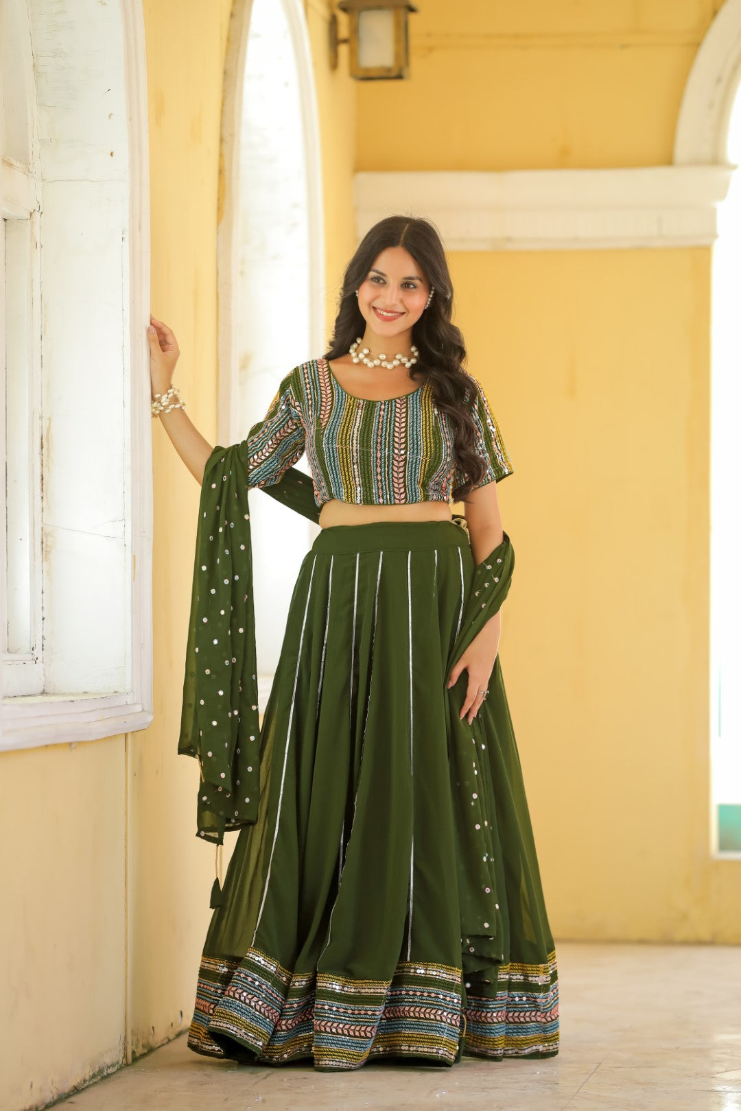 Women's Green Georgette Heavy Sequins Embroidery Lehenga Set - Thapnath