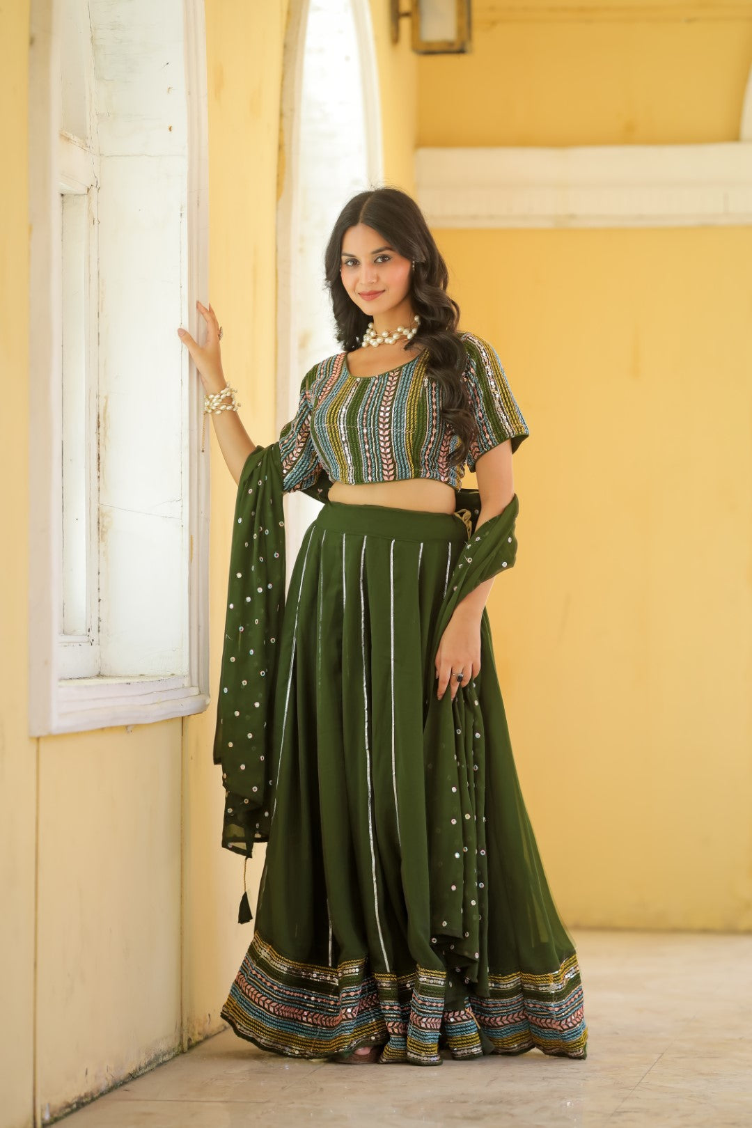 Women's Green Georgette Heavy Sequins Embroidery Lehenga Set - Thapnath