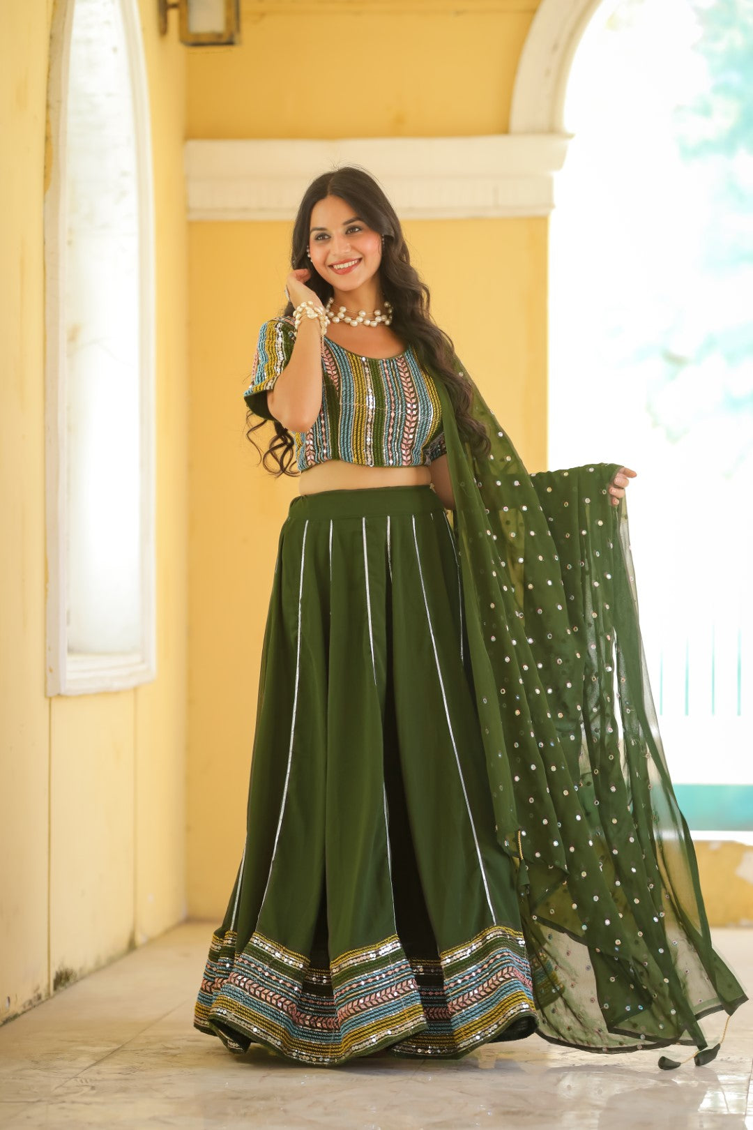 Women's Green Georgette Heavy Sequins Embroidery Lehenga Set - Thapnath