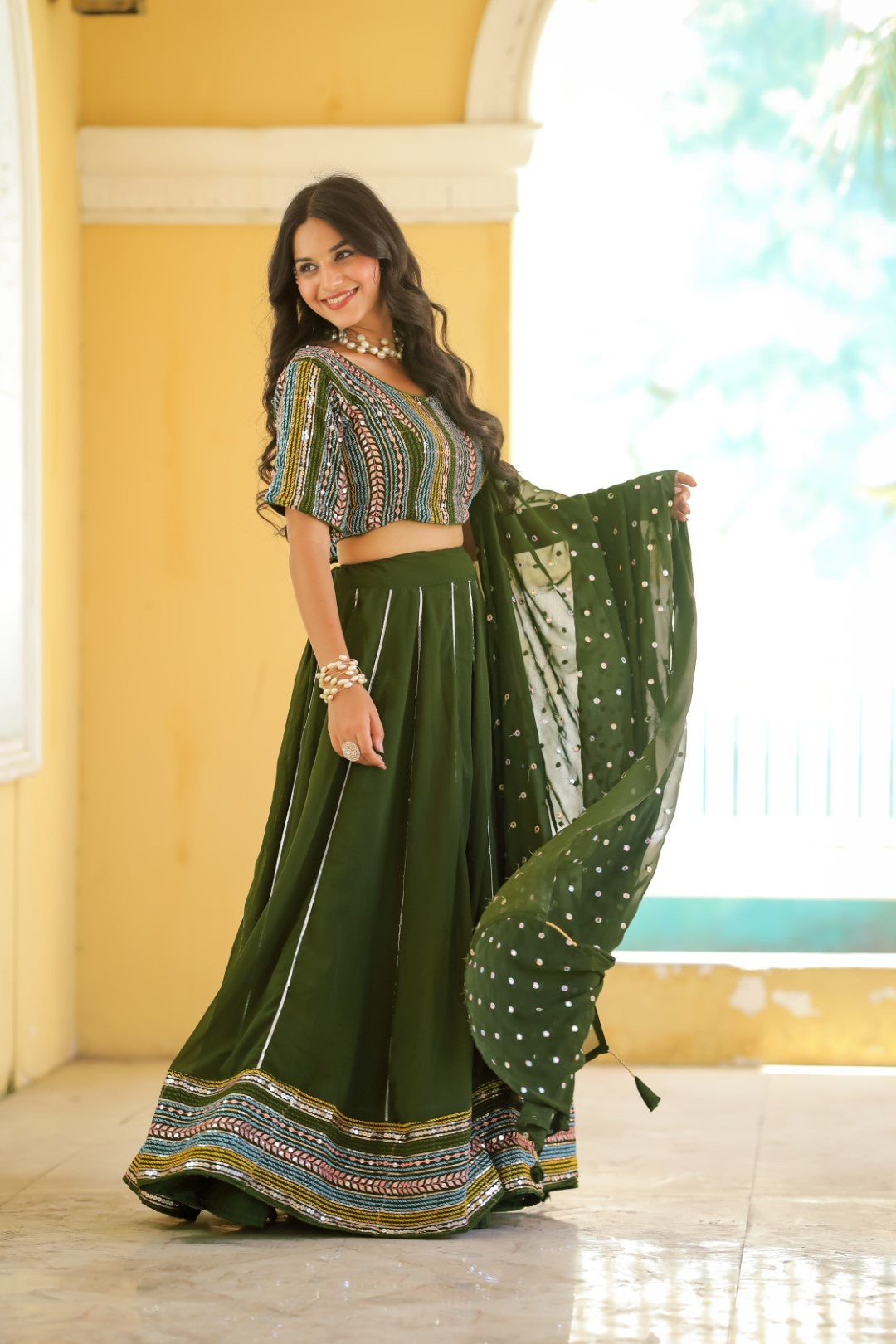 Women's Green Georgette Heavy Sequins Embroidery Lehenga Set - Thapnath