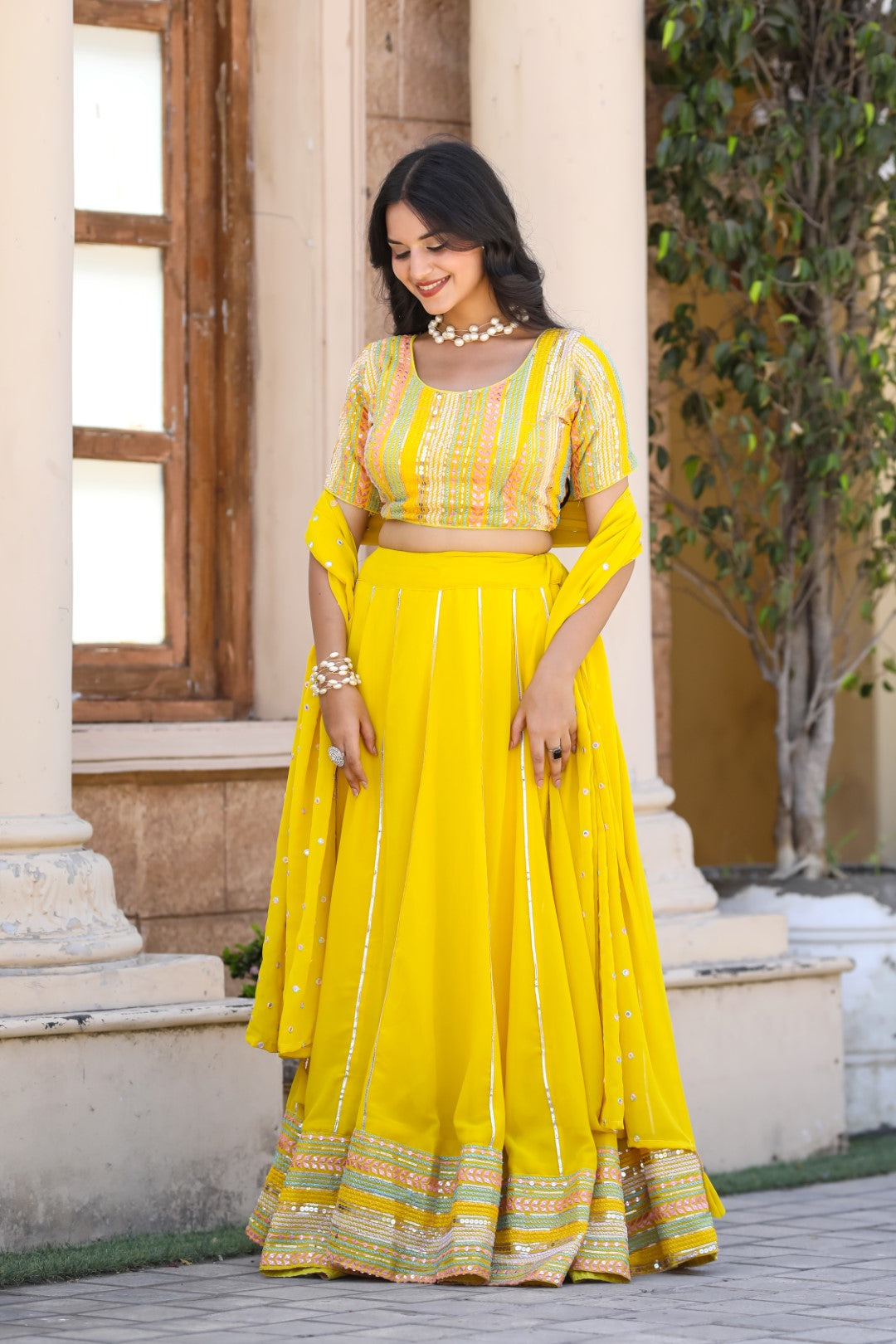 Women's Yellow Georgette Heavy Sequins Embroidery Lehenga Set - Thapnath