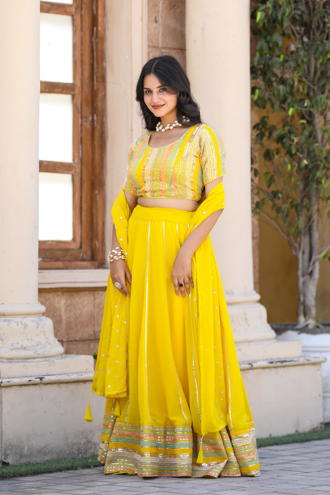 Women's Yellow Georgette Heavy Sequins Embroidery Lehenga Set - Thapnath