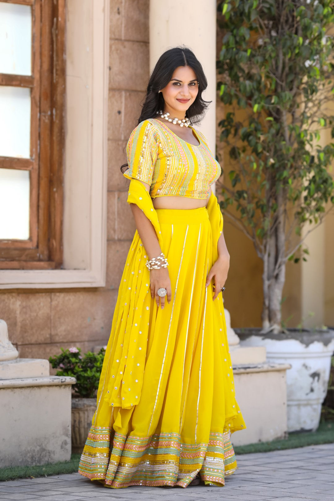 Women's Yellow Georgette Heavy Sequins Embroidery Lehenga Set - Thapnath