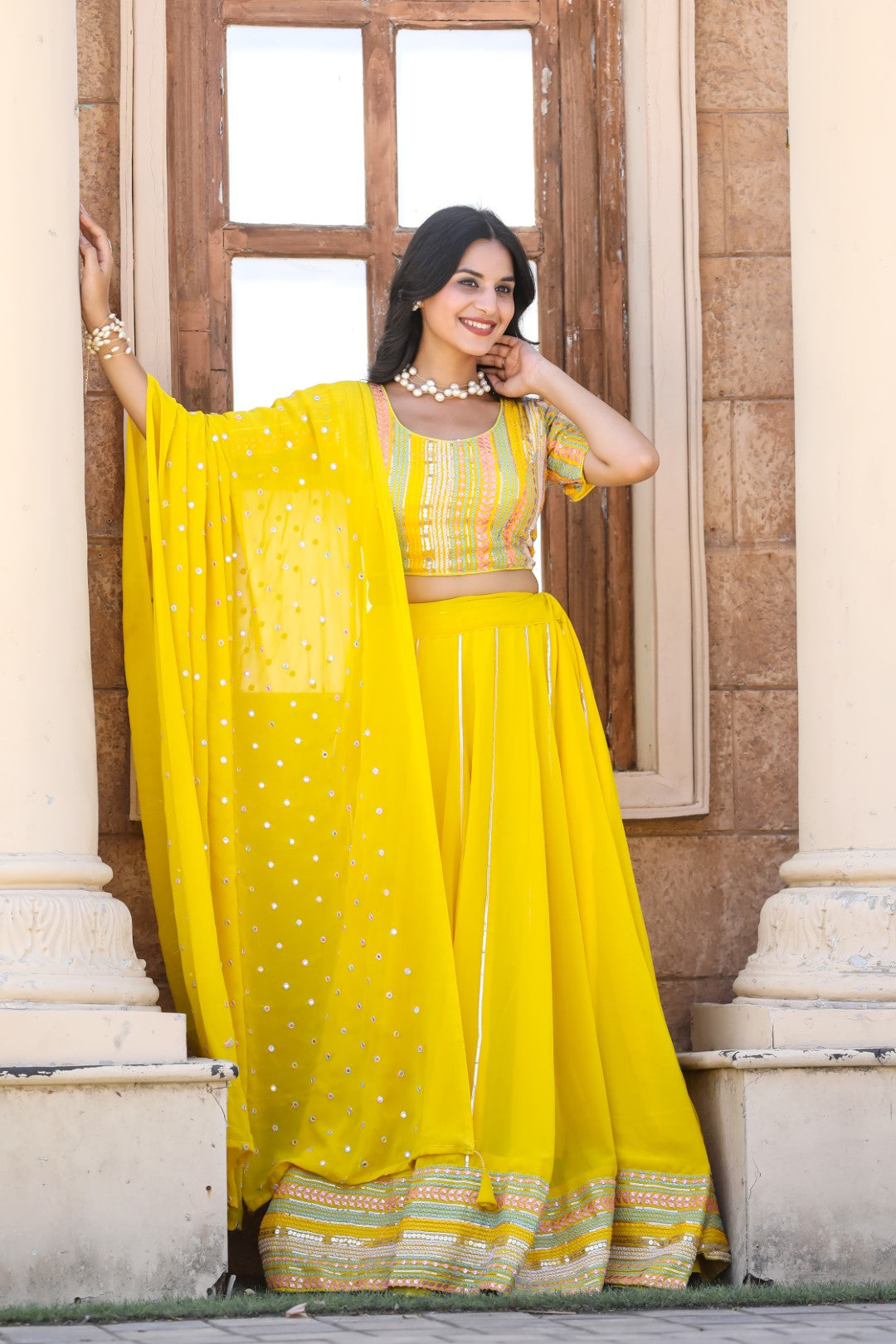 Women's Yellow Georgette Heavy Sequins Embroidery Lehenga Set - Thapnath