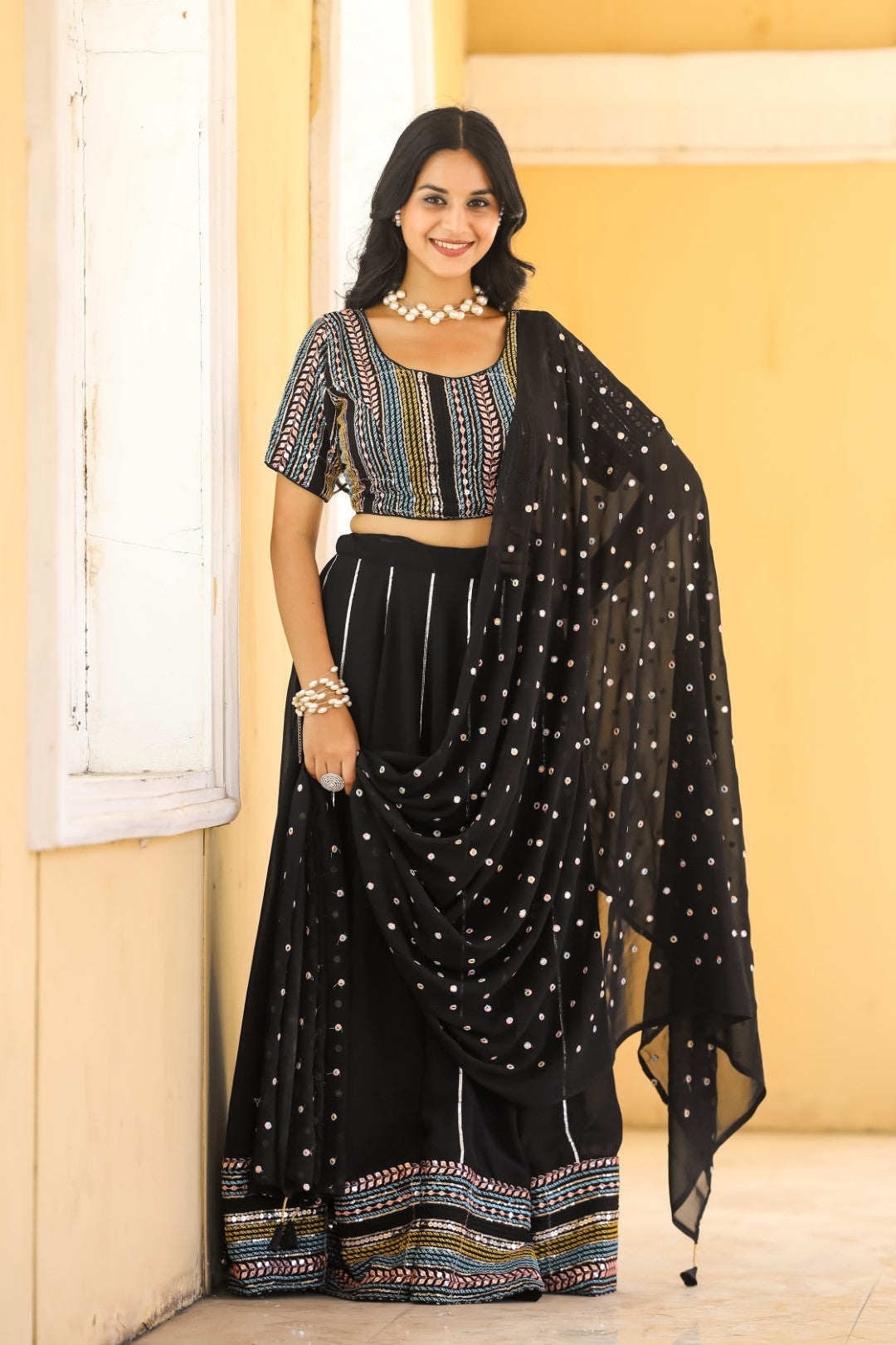 Women's Black Georgette Heavy Sequins Embroidery Lehenga Set - Thapnath