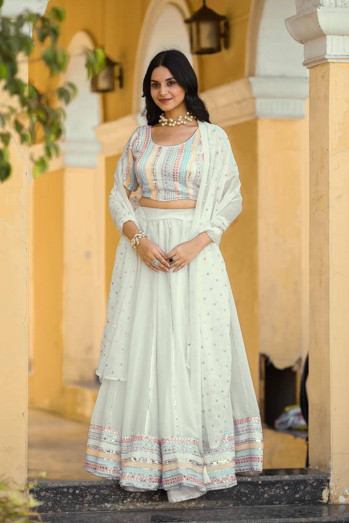 Women's White Georgette Heavy Sequins Embroidery Lehenga Set