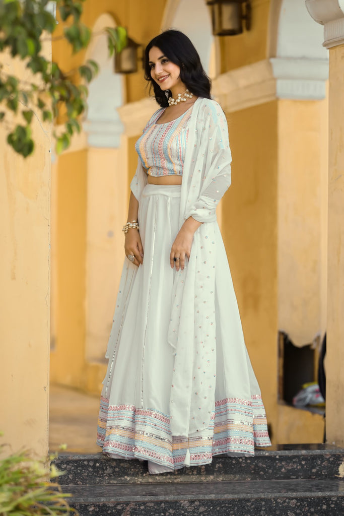 Women's White Georgette Heavy Sequins Embroidery Lehenga Set