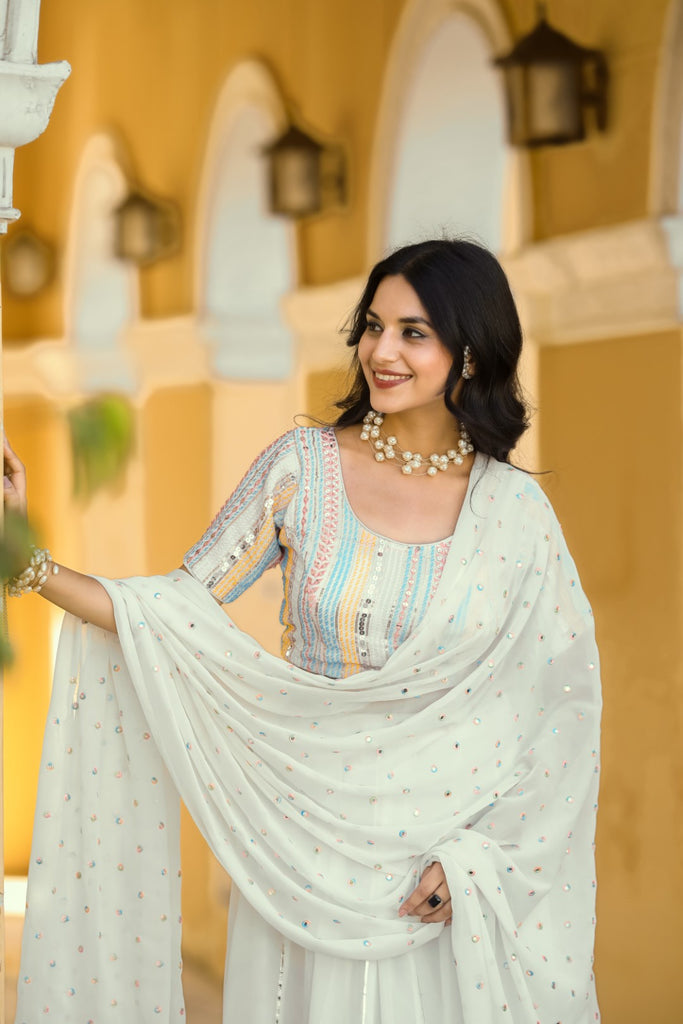 Women's White Georgette Heavy Sequins Embroidery Lehenga Set