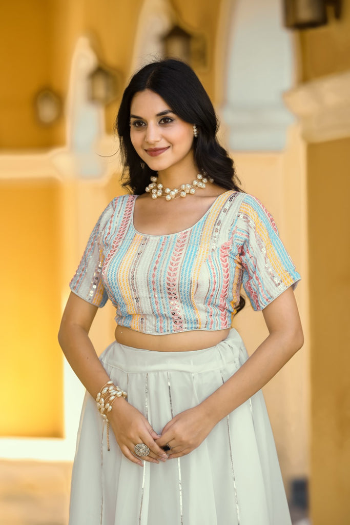 Women's White Georgette Heavy Sequins Embroidery Lehenga Set
