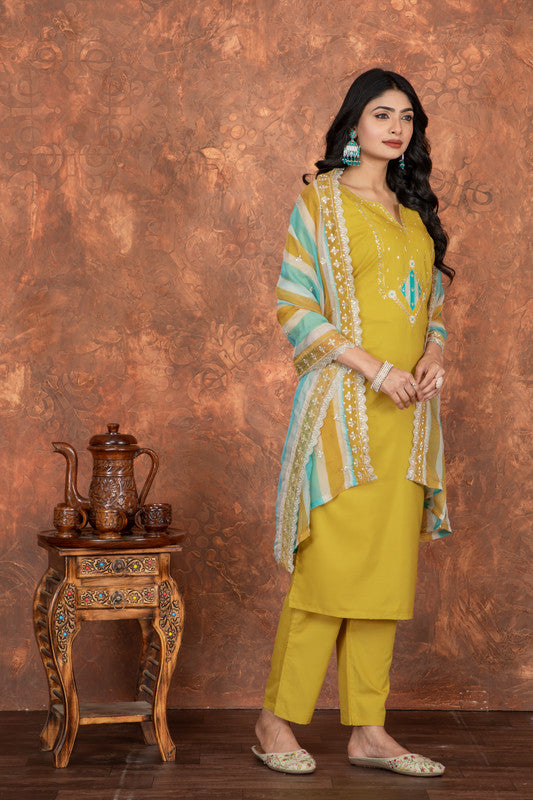 Women's Yellow Roman Silk Straight Kurta With Pant And Dupatta Sets