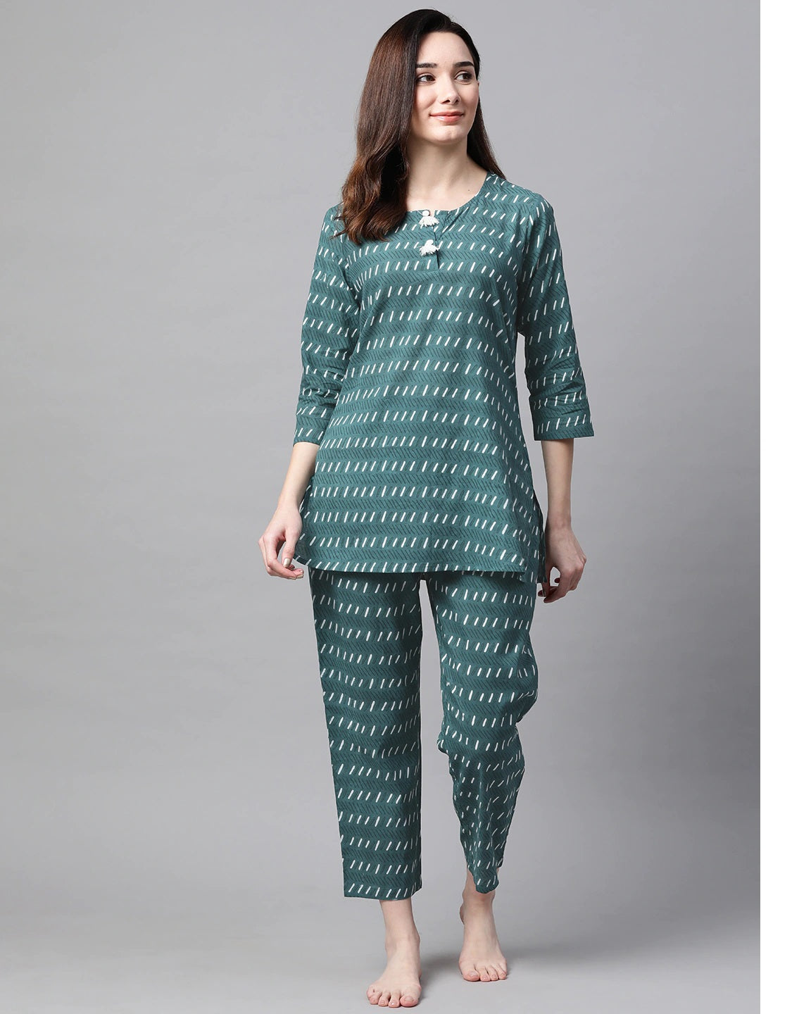 Women's Green & White Printed Night Suit