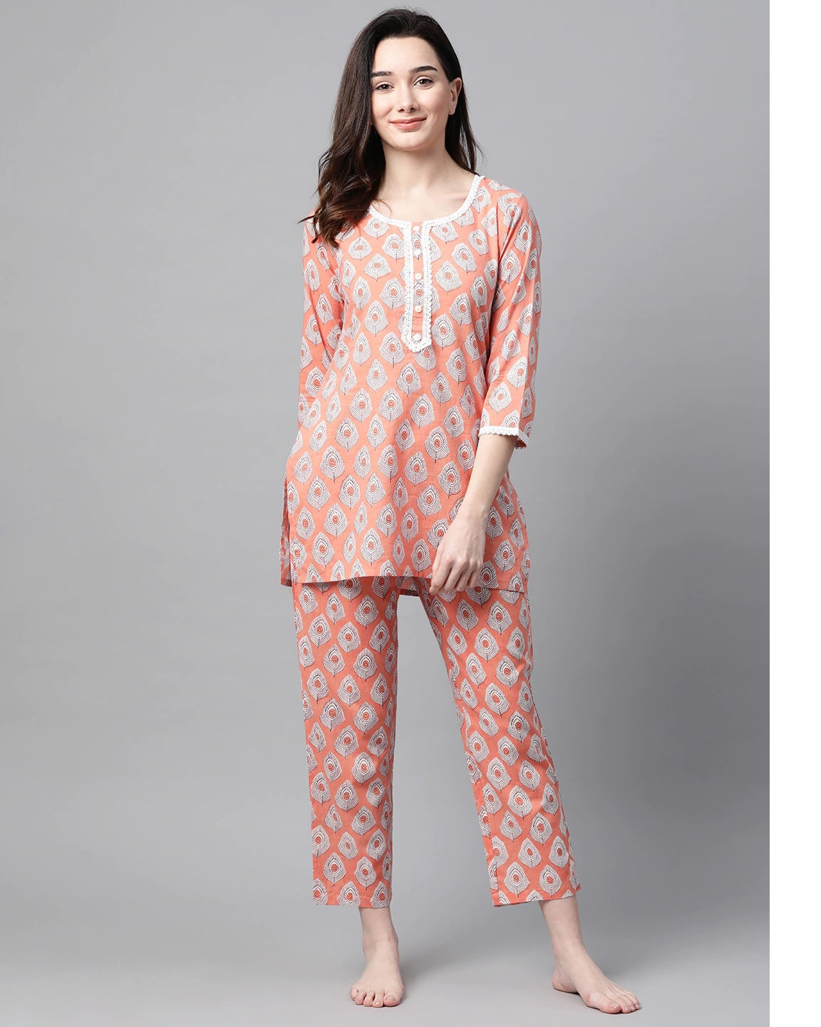 Women's Peach-Coloured Printed Cotton Night suit