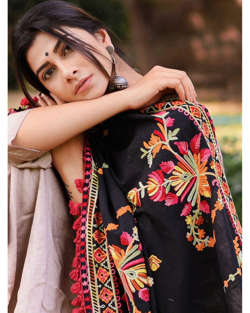 Women's Black Kashmiri Motif Aari Embroidered Shawl/Dupatta With Crimson Red Cotton Tassel