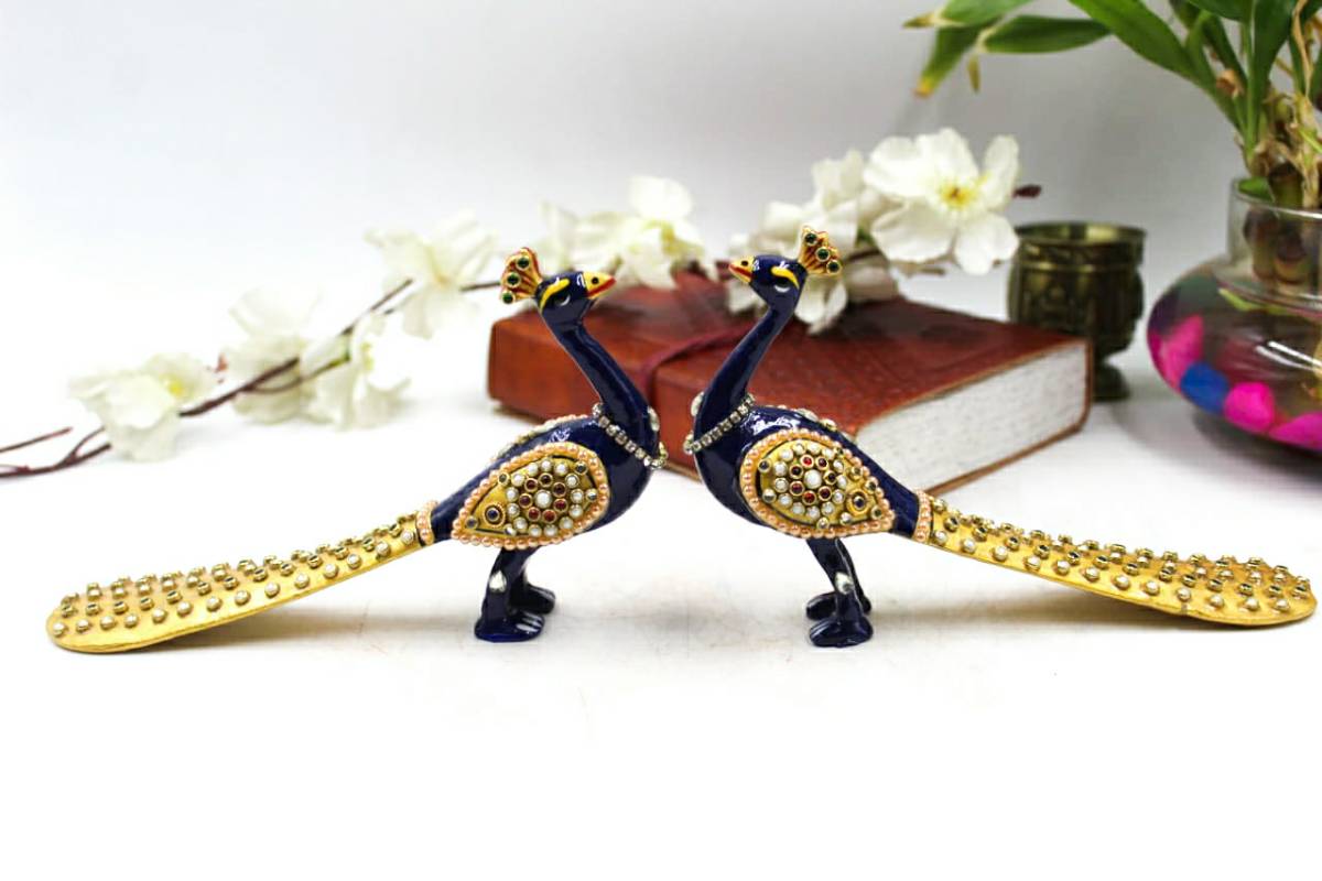 4"PEACOCK WITH TELL JWELLERY STONE STATUE MT